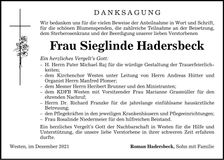 Traueranzeige Sieglinde Hadersbeck