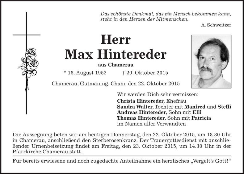 Traueranzeige Max Hintereder