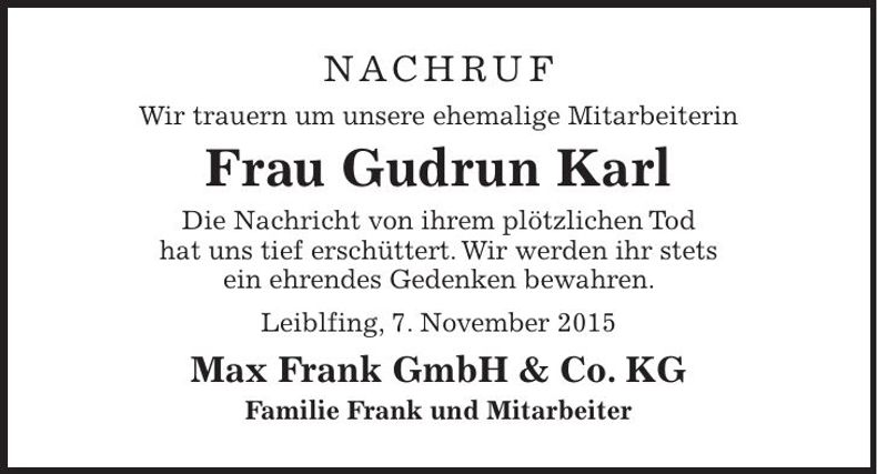 Traueranzeige Gudrun Karl
