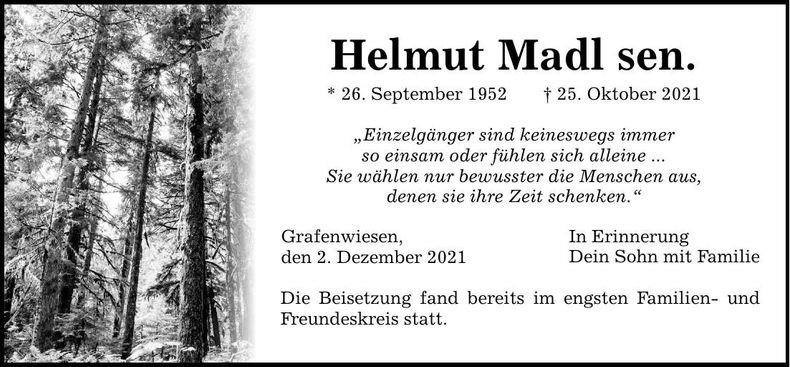 Traueranzeige Helmut Madl
