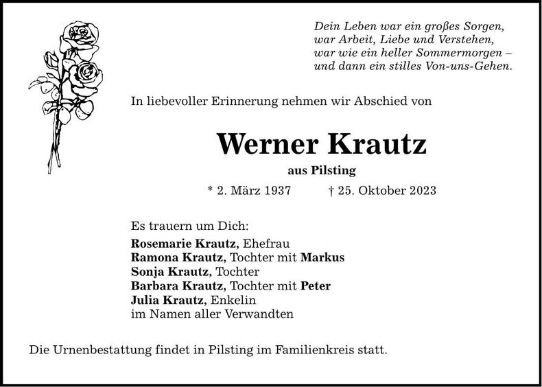 Traueranzeige Werner Krautz