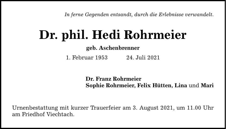 Traueranzeige Hedi Dr phil Rohrmeier