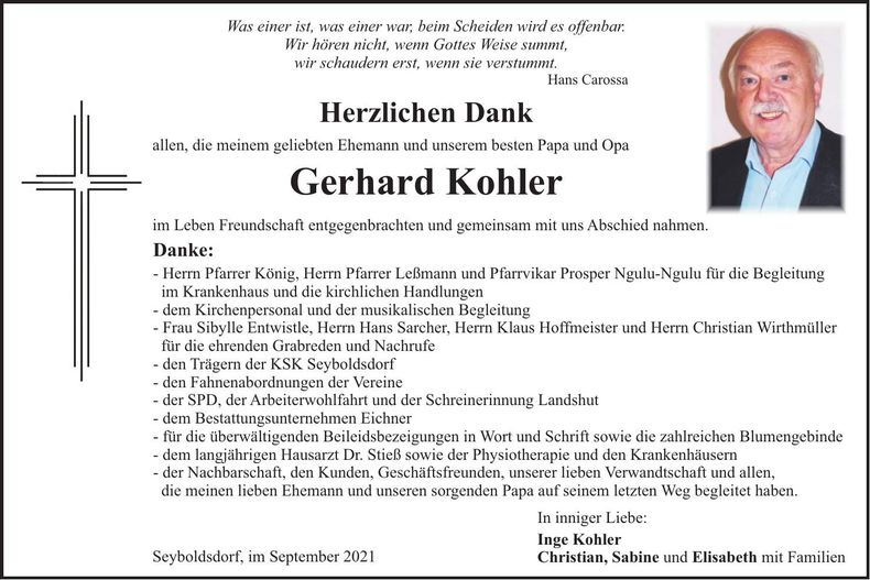 Traueranzeige Gerhard Kohler