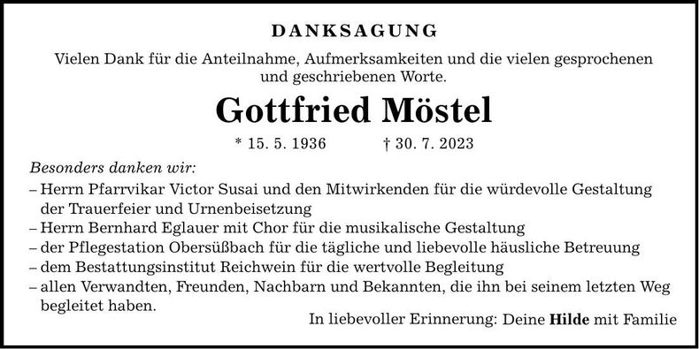 Traueranzeige Gottfried Möstel