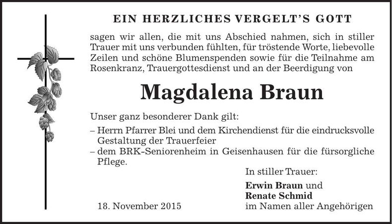 Traueranzeige Magdalena Braun