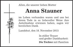 Traueranzeige Anna Stauner