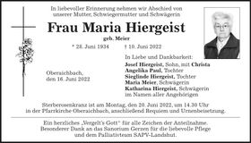 Traueranzeige Maria Hiergeist