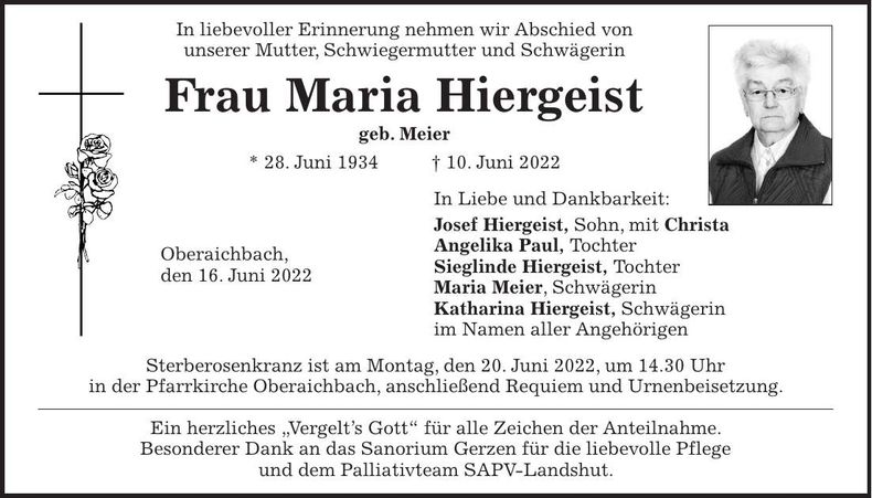 Traueranzeige Maria Hiergeist