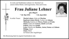 Traueranzeige Juliane Lehner