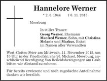 Traueranzeige Hannelore Werner