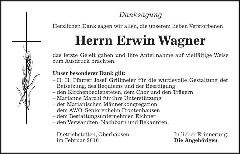 Traueranzeige Erwin Wagner