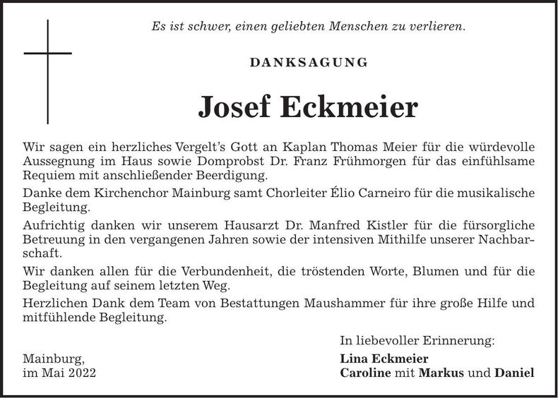 Traueranzeige Josef Eckmeier