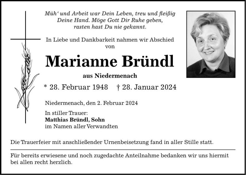 Traueranzeige Marianne Bründl