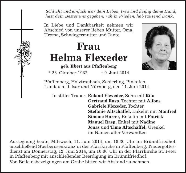 Traueranzeige Helma Flexeder