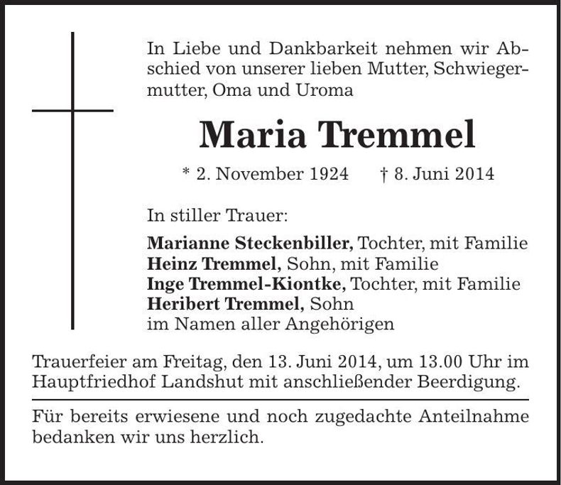 Traueranzeige Maria Tremmel