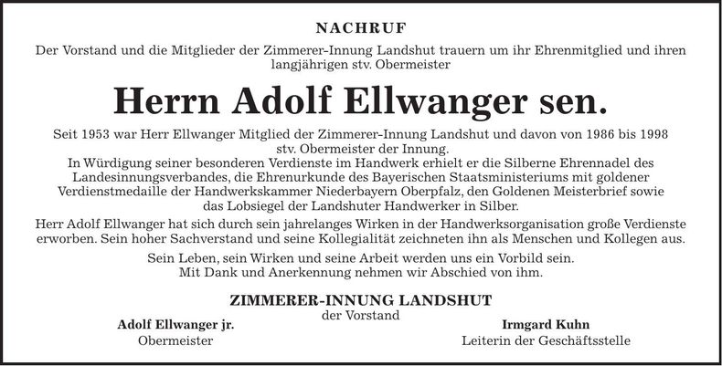 Traueranzeige Adolf Ellwanger