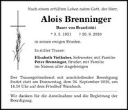 Traueranzeige Alois Brenninger