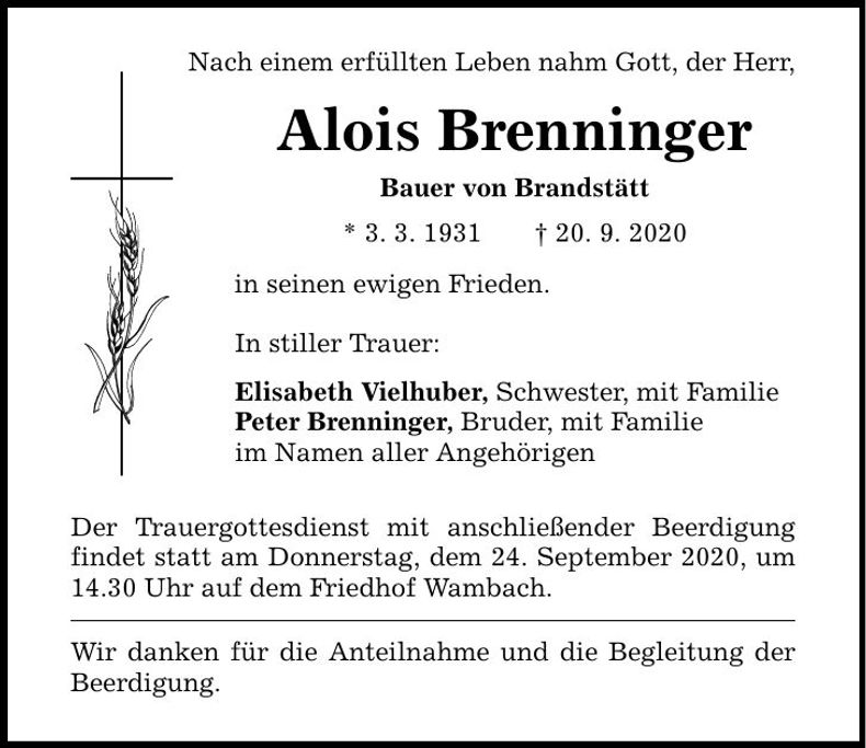 Traueranzeige Alois Brenninger