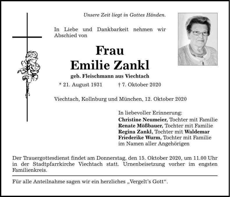 Traueranzeige Emilie Zankl
