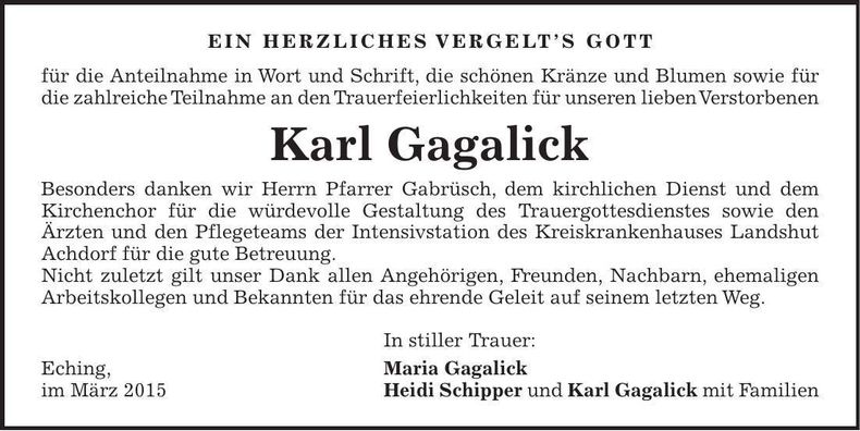 Traueranzeige Karl Gagalick