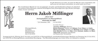 Traueranzeige Jakob Mißlinger