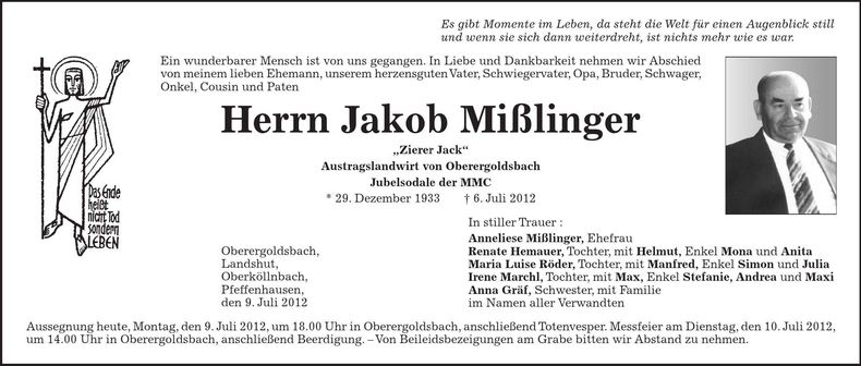 Traueranzeige Jakob Mißlinger