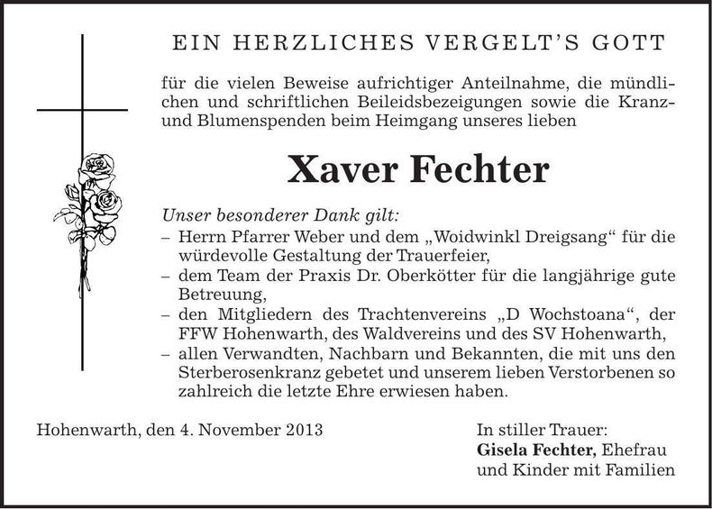 Traueranzeige Xaver Fechter