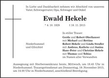 Traueranzeige Ewald Hekele