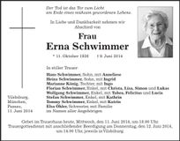 Traueranzeige Erna Schwimmer