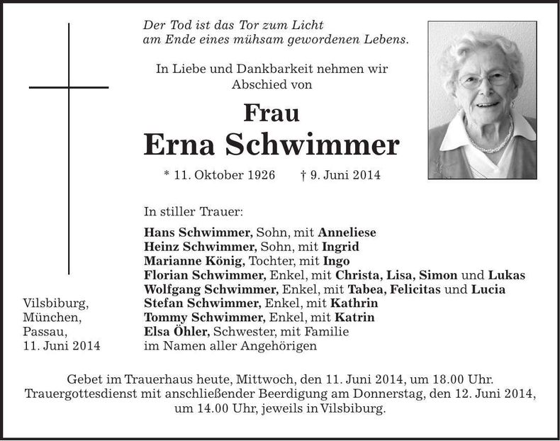 Traueranzeige Erna Schwimmer