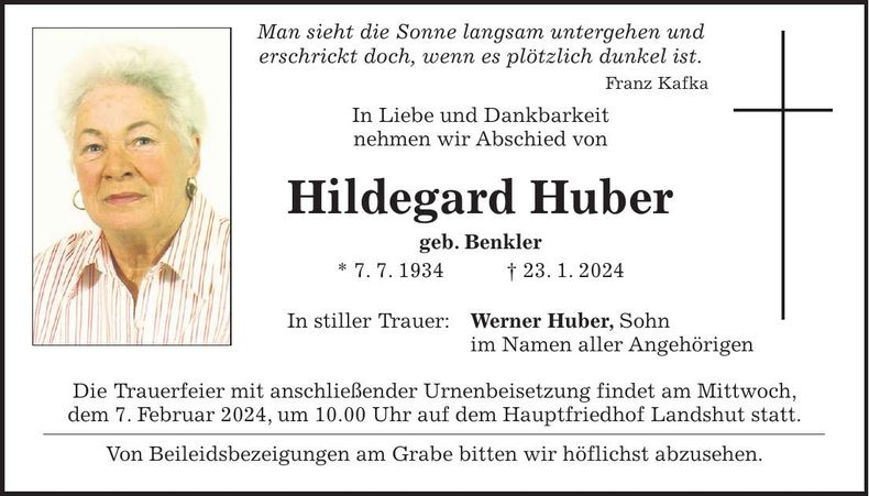 Traueranzeige Hildegard Huber