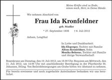 Traueranzeige Ida Kronfeldner