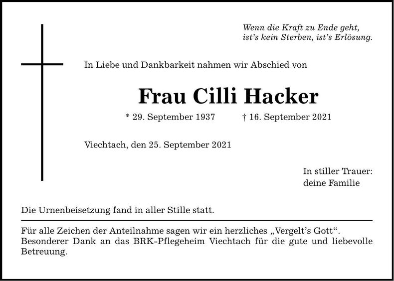 Traueranzeige Hacker Cilli