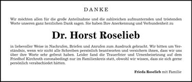 Traueranzeige Dr Horst Roselieb