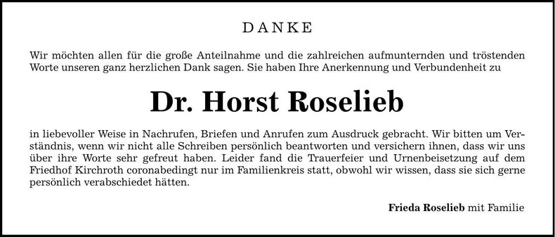 Traueranzeige Dr Horst Roselieb