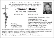 Traueranzeige Johanna Maier