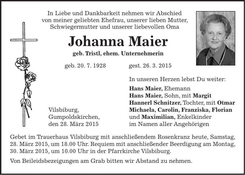 Traueranzeige Johanna Maier