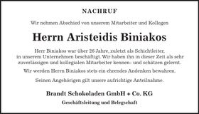 Traueranzeige Aristeidis Biniakos