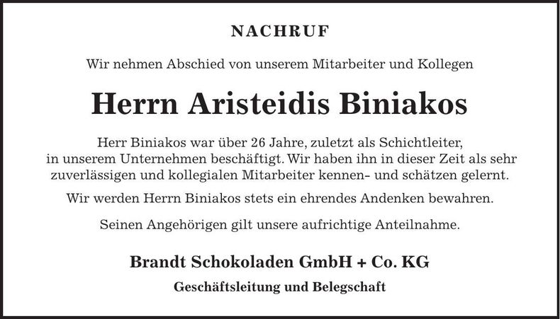Traueranzeige Aristeidis Biniakos