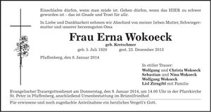 Traueranzeige Erna Wokoeck