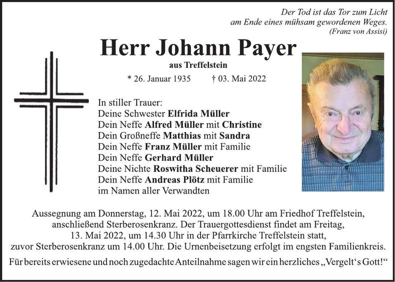 Traueranzeige Johann Payer