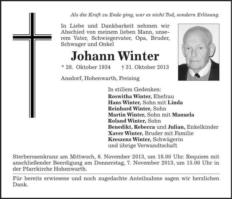 Traueranzeige Johann Winter