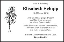 Traueranzeige Schipp Elisabeth