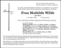 Traueranzeige Mathilde Wilde
