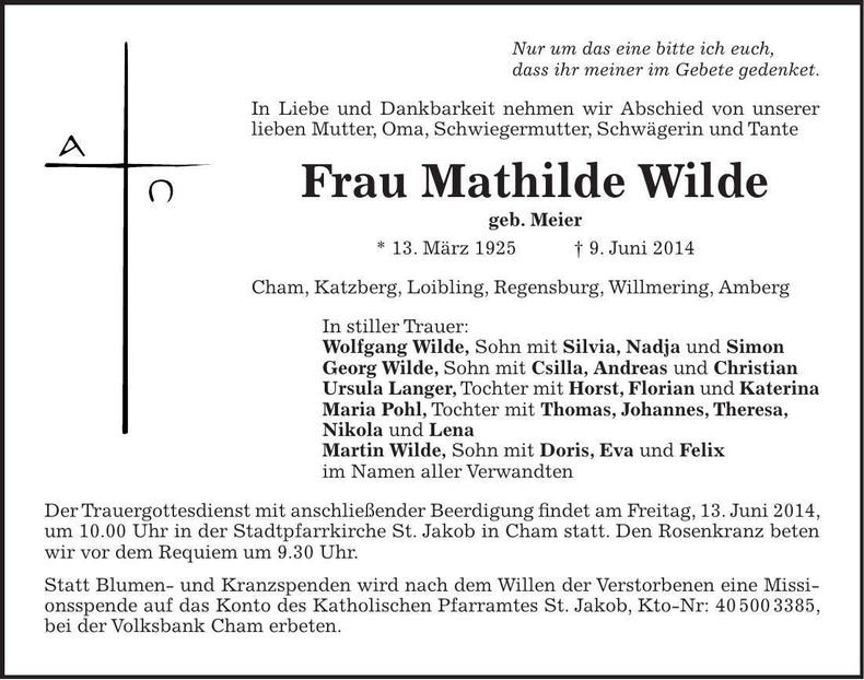 Traueranzeige Mathilde Wilde
