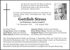 Traueranzeige Stross Gottlieb