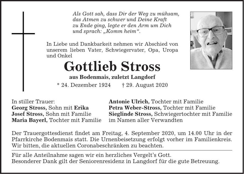 Traueranzeige Stross Gottlieb