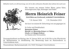 Traueranzeige Heinrich Feiner