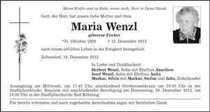 Traueranzeige Maria Wenzl