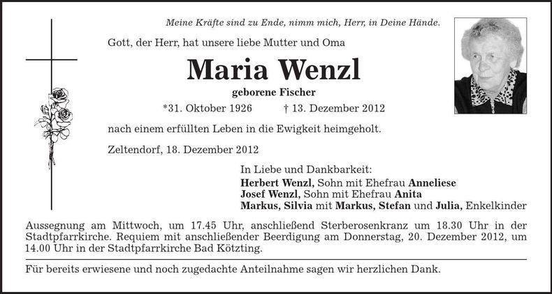 Traueranzeige Maria Wenzl